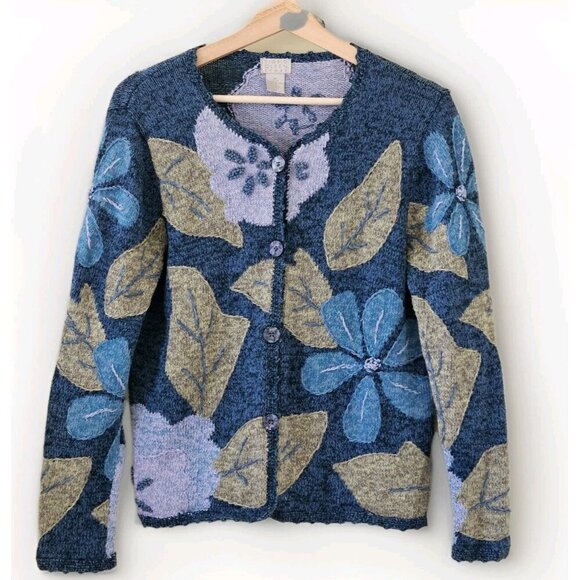 Sigrid Olsen Sports Cardigan Womens M Multicolor LS Buttons Boho Floral Knit VTG - Picture 1 of 16